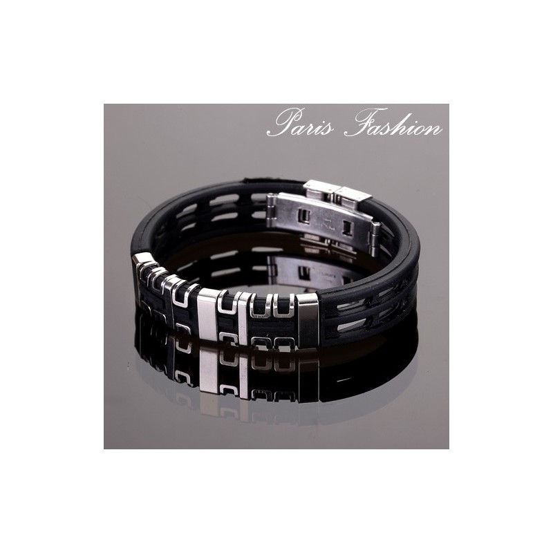 Bracelet homme fashion noir roue argentée 1,5 cm (1872)