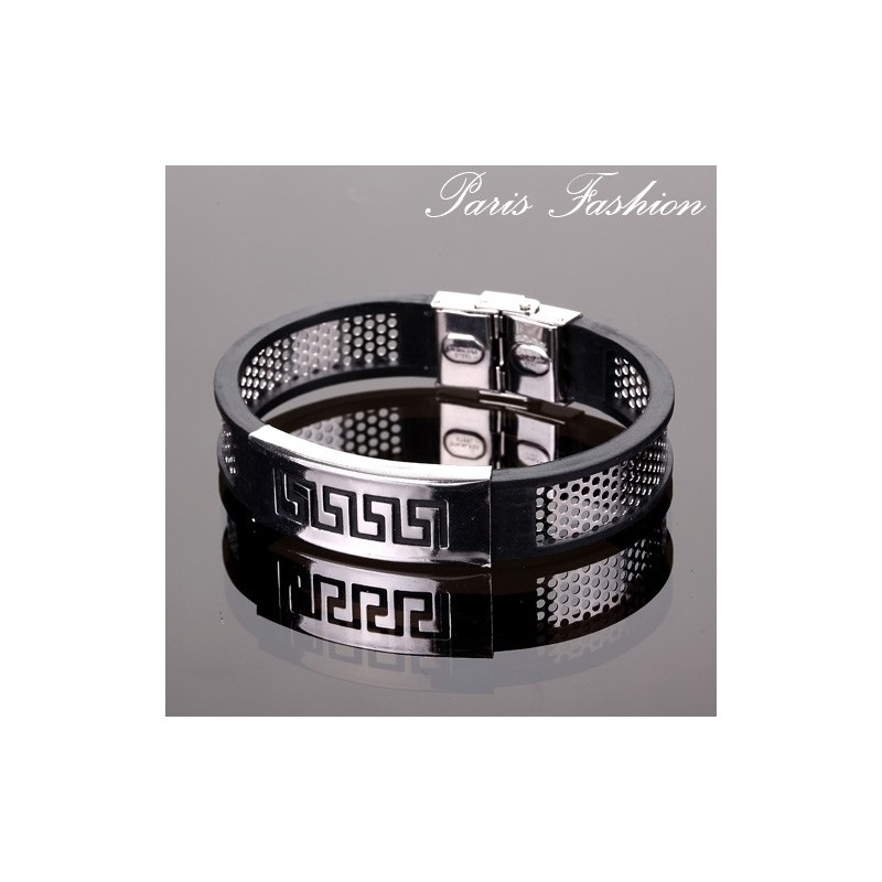 Bracelet homme  fashion rigide noir tambour antique argenté 1,5 cm (1884)